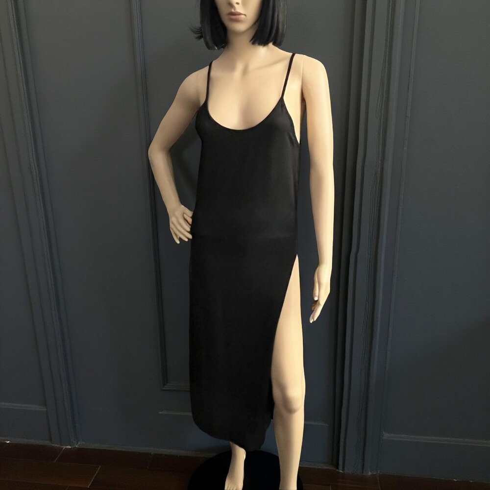 Lunya Black Tencel Slip Dress 90s Minimalist High Side Slit Size Bodycon Size S